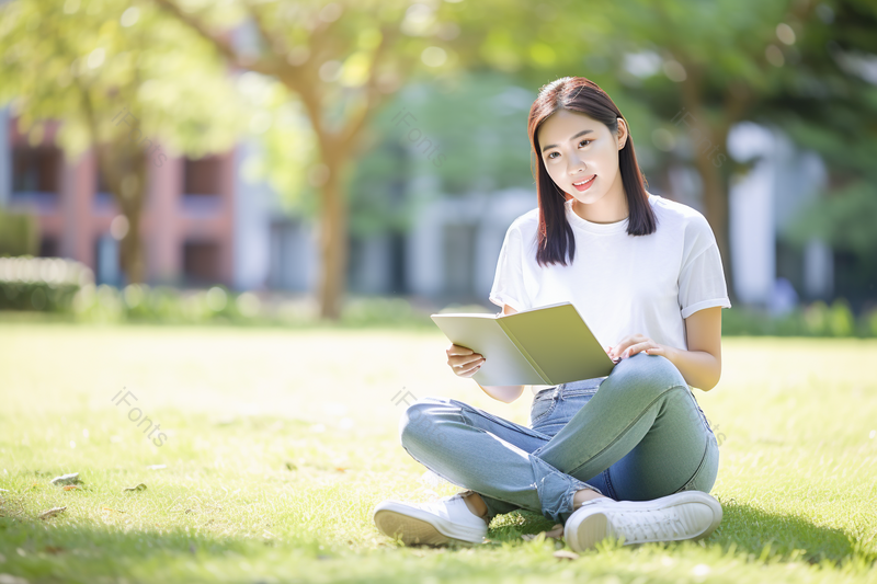 校园内草坪上看书的女学生,高清,摄影图,摄影图片,图片大全,摄影图免费下载